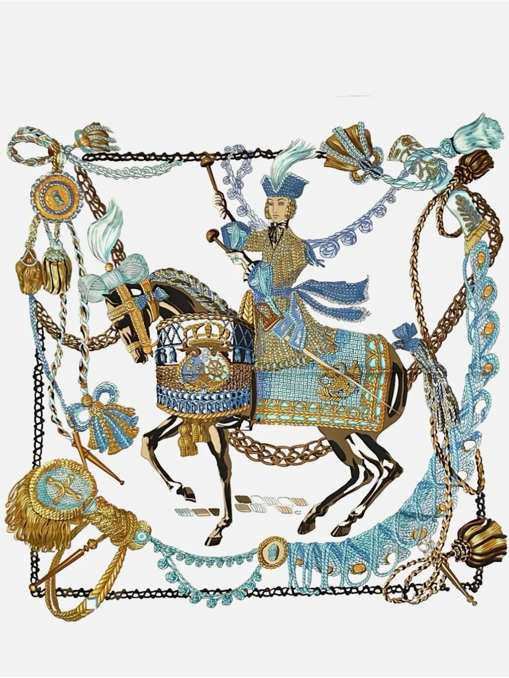 Hermes Blue, Gold and Brown Equestrian Motif Silk Scarf